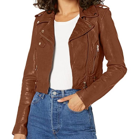 LAMARQUE Ciara Tigers Eye Leather Crop Biker Jacket - Picture 4 of 5